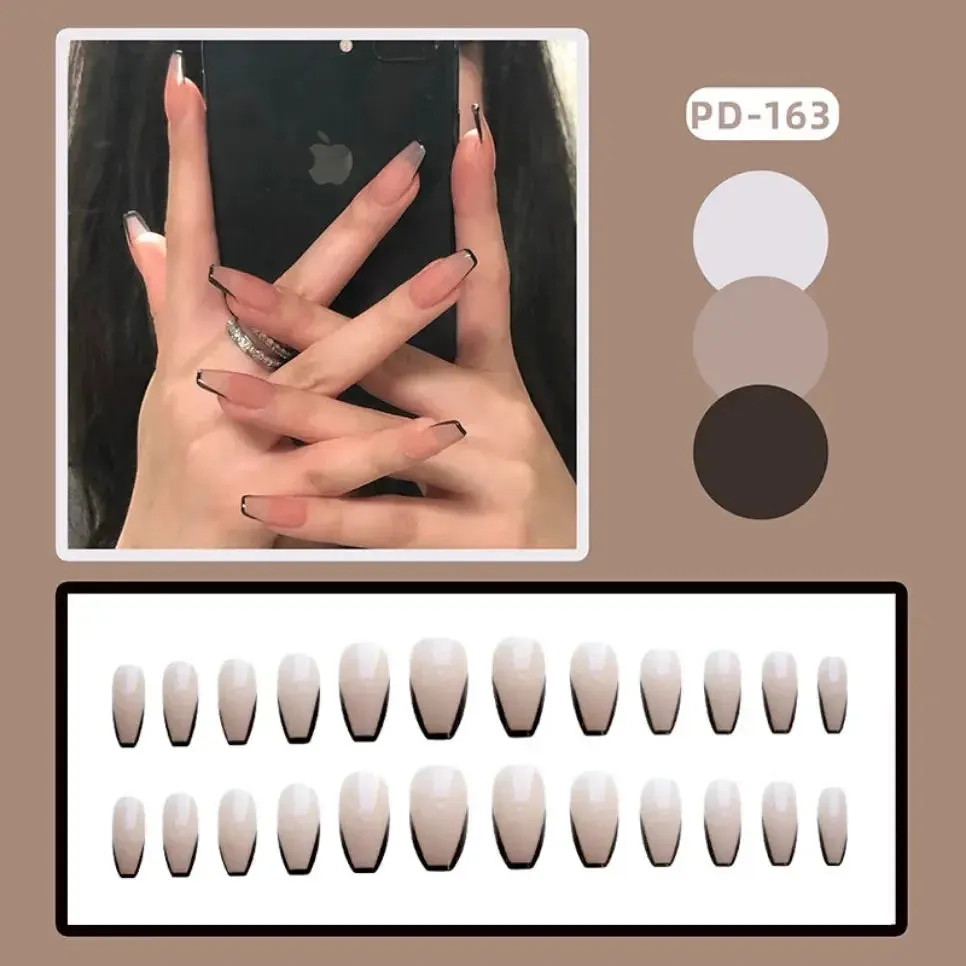 24Pcs Seamless Removable Artificial Press On Nail Art Detachable Fashion False Nails With Designs French Black Edge Fake Nails
