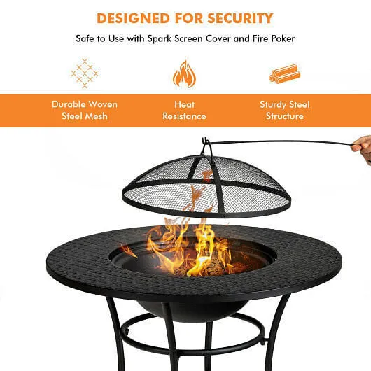 31.5 Inch Patio Fire Pit Dining Table With Cooking BBQ Grate - Color: Black