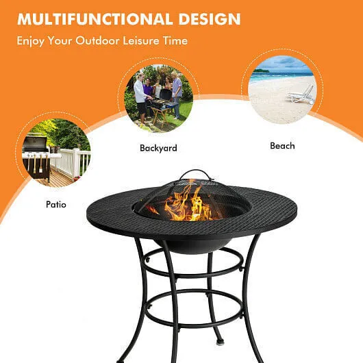 31.5 Inch Patio Fire Pit Dining Table With Cooking BBQ Grate - Color: Black
