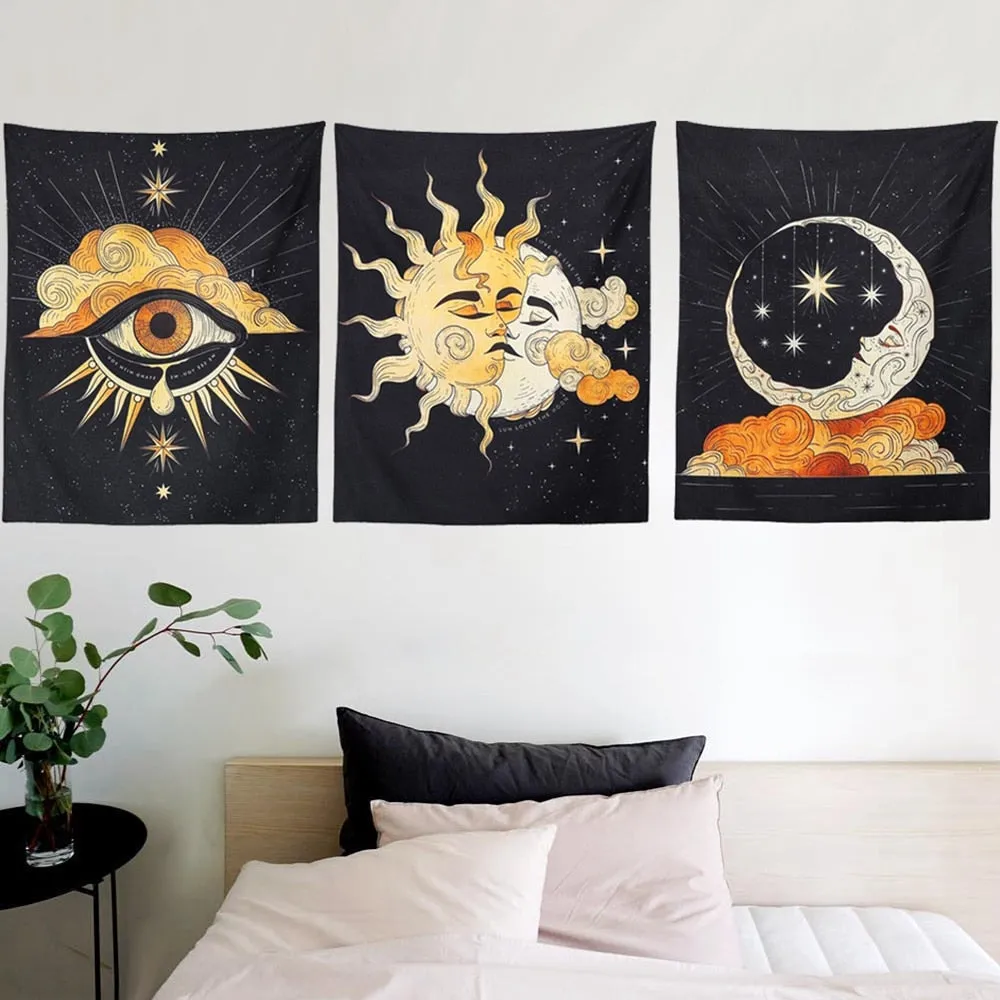 3Pcs Tarot Tapestry Wall Hanging Psychedelic Stars Printed Hand Made Sun and Moon Tapestries for Bedroom Living Room,Dorm Decor