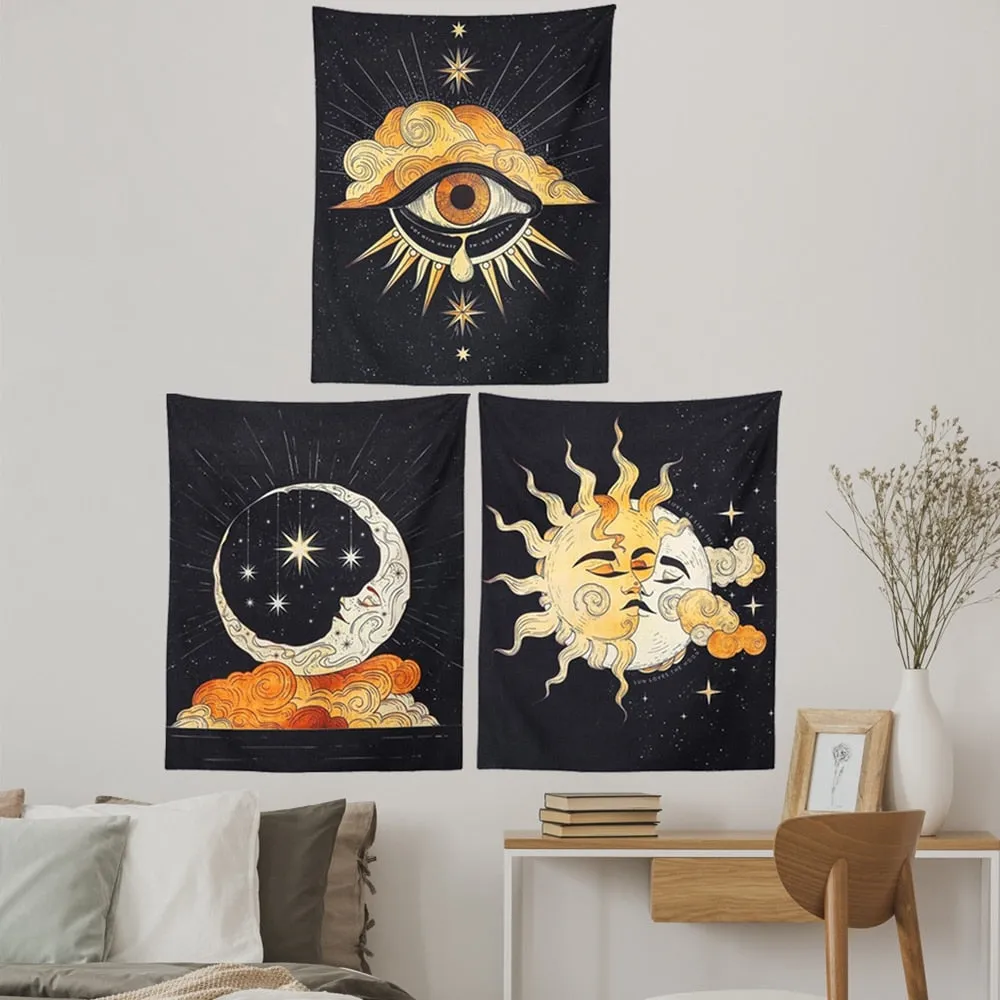 3Pcs Tarot Tapestry Wall Hanging Psychedelic Stars Printed Hand Made Sun and Moon Tapestries for Bedroom Living Room,Dorm Decor