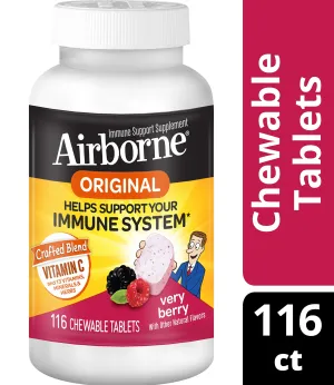 Airborne Berry tabletas masticables, 116 unidades – 1000 mg de vitamina C – Suplemento de apoyo inmunológico (paquete de 2)