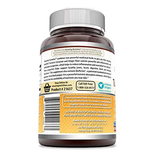 Amazing Formulas Cúrcuma y Jengibre con BioPerine-1500 Mg por porción Cápsulas Veggie (180 Cápsulas Veggias) (sin OMG, sin gluten) Potentes propiedades antioxidantes y antiinflamatorias