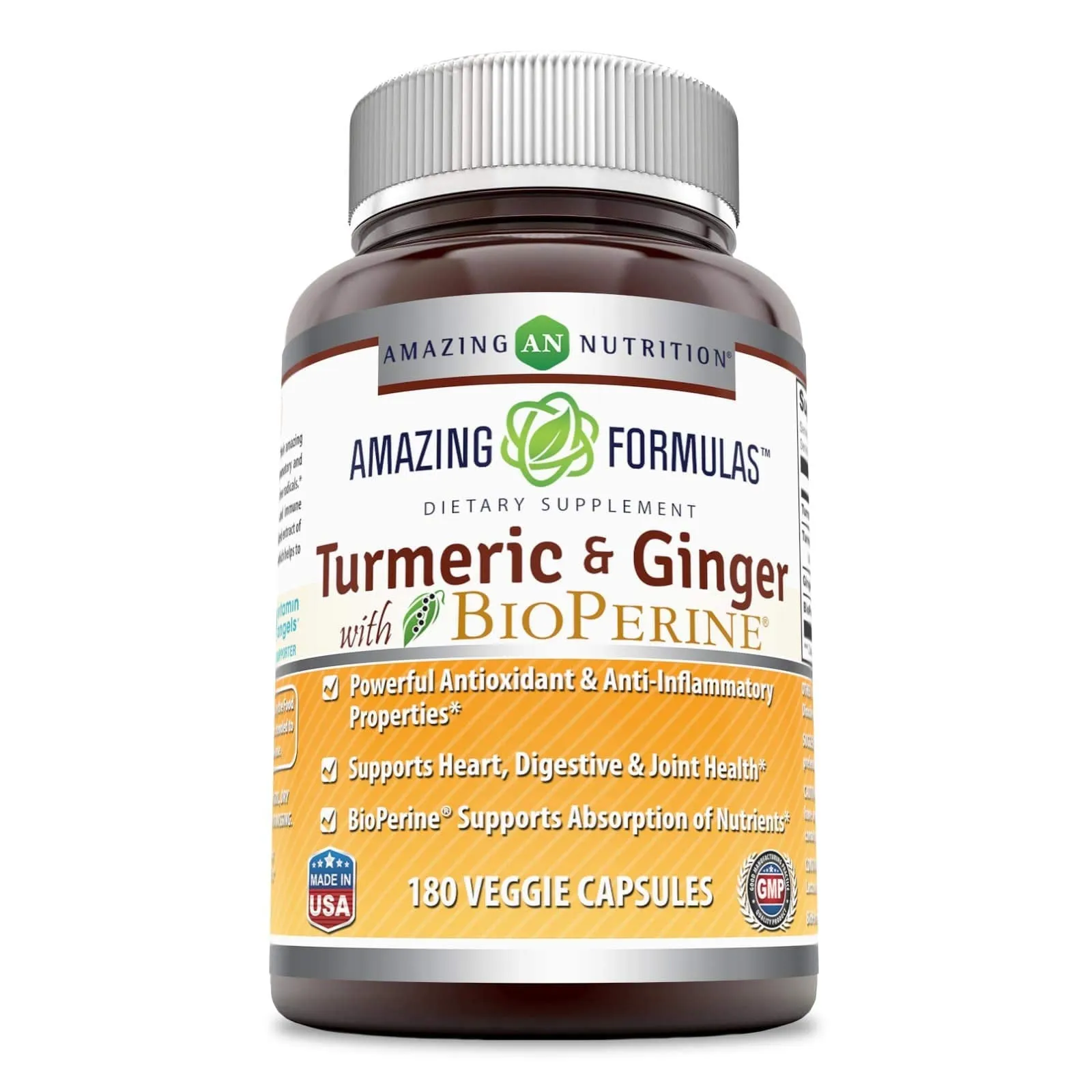 Amazing Formulas Cúrcuma y Jengibre con BioPerine-1500 Mg por porción Cápsulas Veggie (180 Cápsulas Veggias) (sin OMG, sin gluten) Potentes propiedades antioxidantes y antiinflamatorias