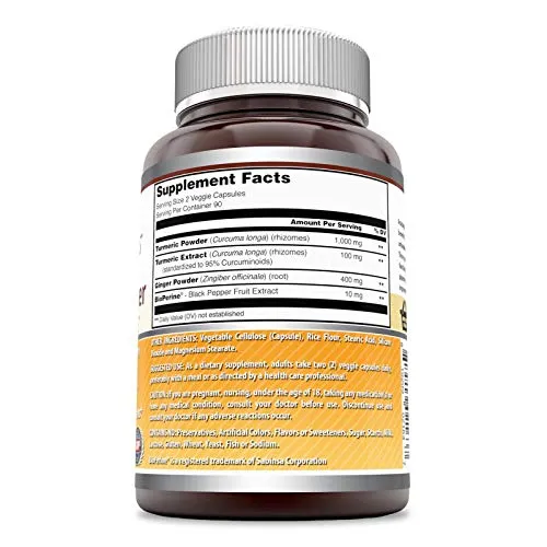 Amazing Formulas Cúrcuma y Jengibre con BioPerine-1500 Mg por porción Cápsulas Veggie (180 Cápsulas Veggias) (sin OMG, sin gluten) Potentes propiedades antioxidantes y antiinflamatorias