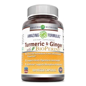 Amazing Formulas Cúrcuma y Jengibre con BioPerine-1500 Mg por porción Cápsulas Veggie (180 Cápsulas Veggias) (sin OMG, sin gluten) Potentes propiedades antioxidantes y antiinflamatorias