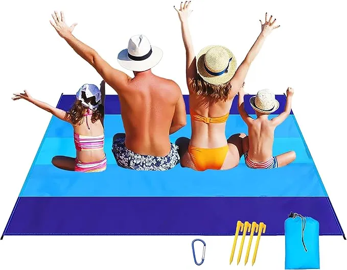 Beach Blanket Sandproof Extra Large Beach Mat Adults Waterproof Quick Drying,Big & Compact Sand Free Mat,Lightweight & Durable with 4 Stakes for Travel Camping Hiking Picnic (Bule-Mixed)
