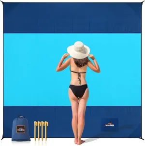 Beach Blanket Sandproof, Extra Large Beach Mat, Sand Free Mat Quick Drying, Lightweight, Soft & Durable Mat for Beach, Yard (Dark Blue & Blue, 10 x 10 FT (1～9 Person))