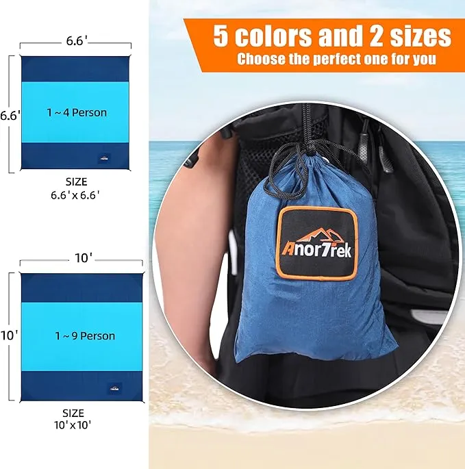 Beach Blanket Sandproof, Extra Large Beach Mat, Sand Free Mat Quick Drying, Lightweight, Soft & Durable Mat for Beach, Yard (Dark Blue & Blue, 10 x 10 FT (1～9 Person))