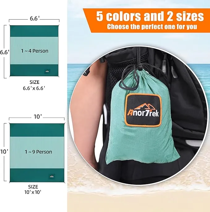 Beach Blanket Sandproof, Extra Large Beach Mat, Sand Free Mat Quick Drying, Lightweight, Soft & Durable Mat for Beach, Yard (Dark Green & Mint Green, 10 x 10 FT (1～9 Person))