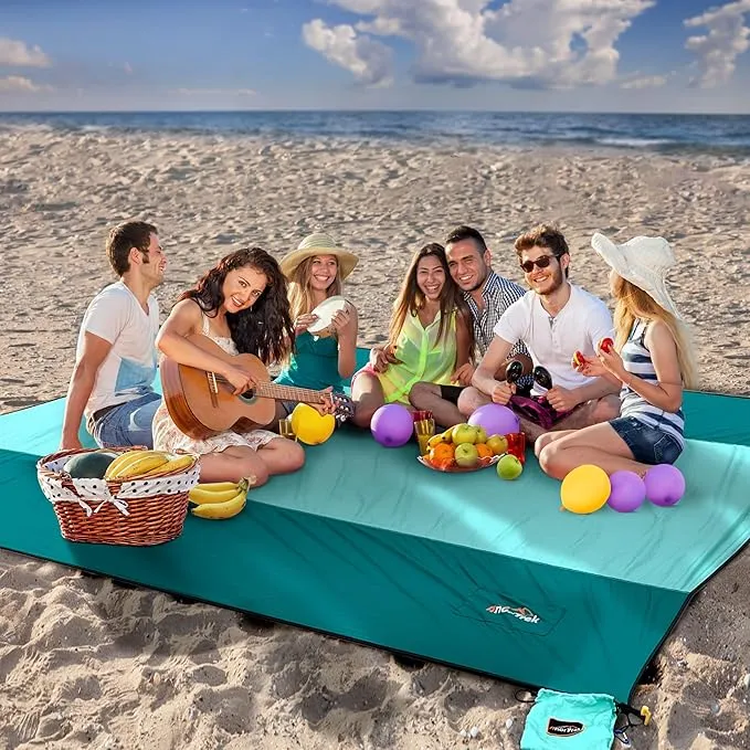 Beach Blanket Sandproof, Extra Large Beach Mat, Sand Free Mat Quick Drying, Lightweight, Soft & Durable Mat for Beach, Yard (Dark Green & Mint Green, 6.6 x 6.6 FT (1～4 Person))