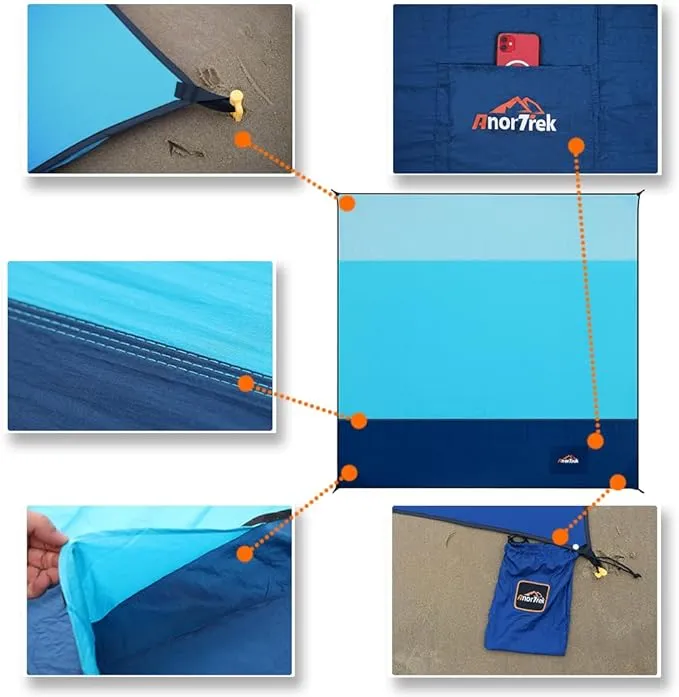 Beach Blanket Sandproof, Extra Large Beach Mat, Sand Free Mat Quick Drying, Lightweight, Soft & Durable Mat for Beach, Yard (Sky Blue & Blue & Dark Blue, 10 x 10 FT (1～9 Person))