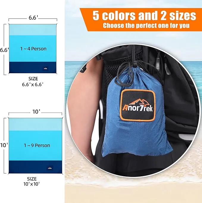 Beach Blanket Sandproof, Extra Large Beach Mat, Sand Free Mat Quick Drying, Lightweight, Soft & Durable Mat for Beach, Yard (Sky Blue & Blue & Dark Blue, 10 x 10 FT (1～9 Person))