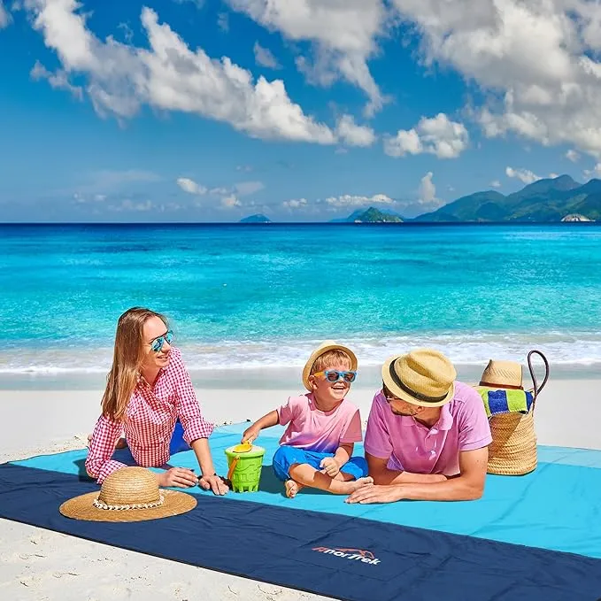 Beach Blanket Sandproof, Extra Large Beach Mat, Sand Free Mat Quick Drying, Lightweight, Soft & Durable Mat for Beach, Yard (Sky Blue & Blue & Dark Blue, 10 x 10 FT (1～9 Person))