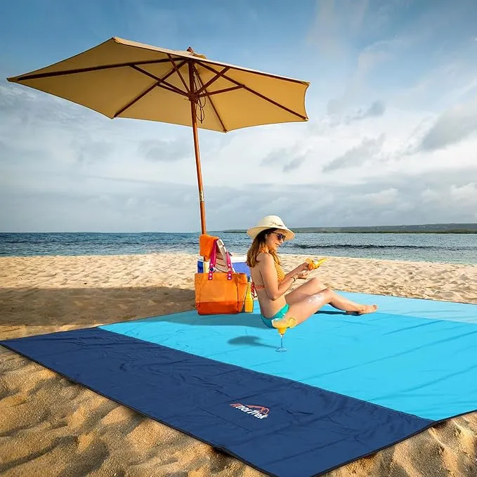 Beach Blanket Sandproof, Extra Large Beach Mat, Sand Free Mat Quick Drying, Lightweight, Soft & Durable Mat for Beach, Yard (Sky Blue & Blue & Dark Blue, 10 x 10 FT (1～9 Person))