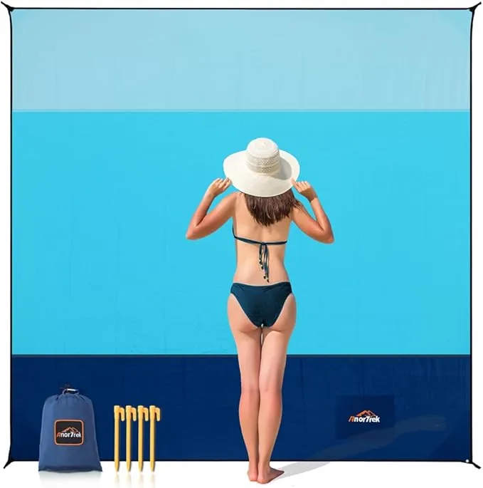 Beach Blanket Sandproof, Extra Large Beach Mat, Sand Free Mat Quick Drying, Lightweight, Soft & Durable Mat for Beach, Yard (Sky Blue & Blue & Dark Blue, 6.6 x 6.6 FT (1～4 Person))