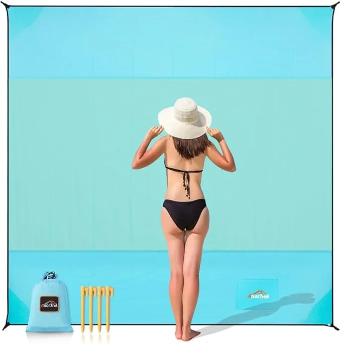 Beach Blanket Sandproof, Extra Large Beach Mat, Sand Free Mat Quick Drying, Lightweight, Soft & Durable Mat for Beach, Yard (Sky Blue & Mint Green, 6.6 x 6.6 FT (1～4 Person))