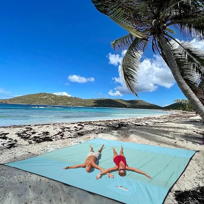 Beach Blanket Sandproof, Extra Large Beach Mat, Sand Free Mat Quick Drying, Lightweight, Soft & Durable Mat for Beach, Yard (Sky Blue & Mint Green, 6.6 x 6.6 FT (1～4 Person))