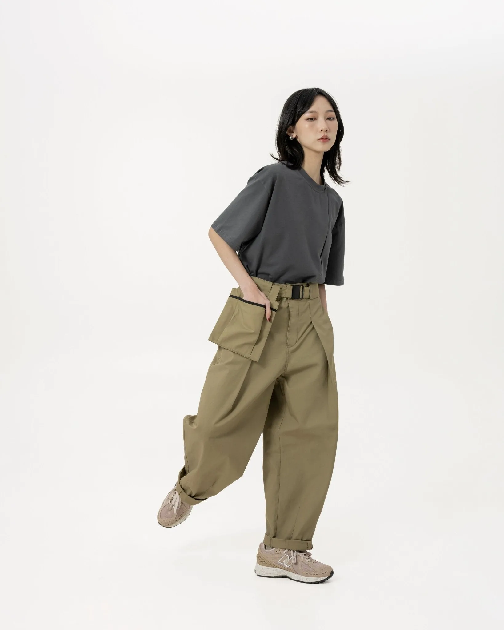 Belted Bag Trousers - Khaki