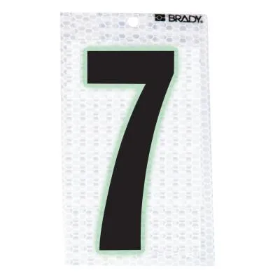 Brady® Glow-In-The-Dark/Ultra Reflective Numbers, 3.5 in x 2.5 in, "7", Black/Silver, 3010-7