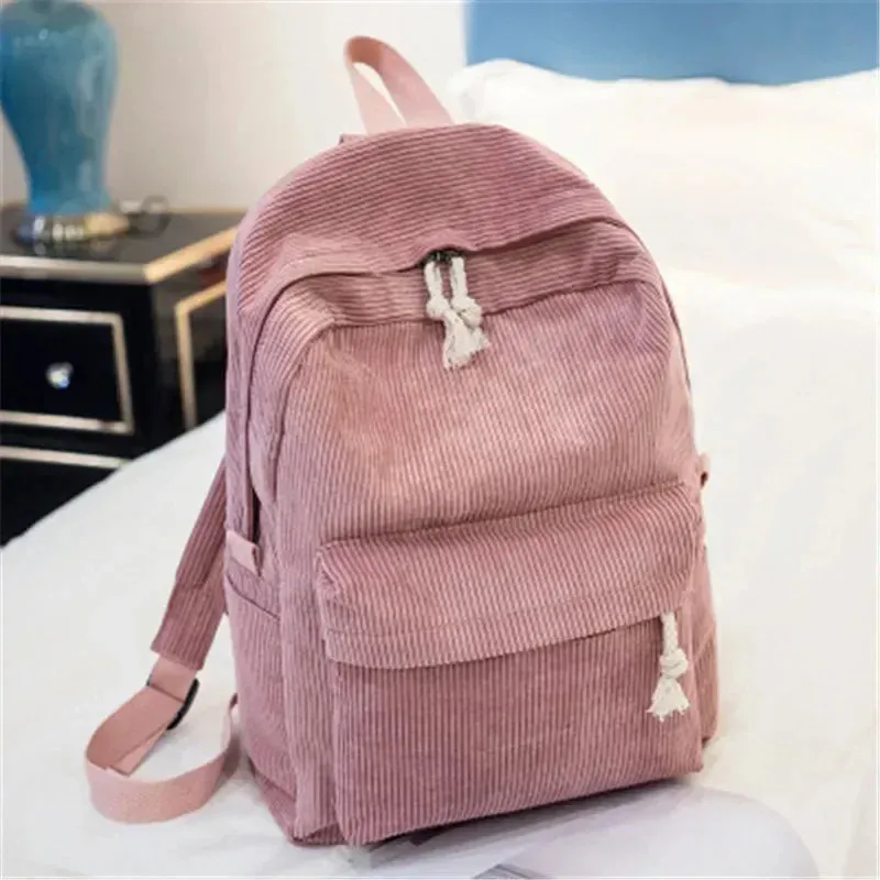 Charming Kawaii Corduroy Backpack for Women & Teens - Stylish Striped Travel & School Bag 🌈🎒✨
