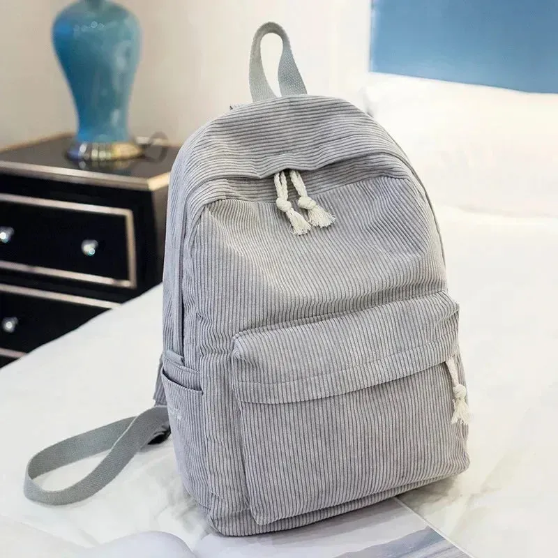 Charming Kawaii Corduroy Backpack for Women & Teens - Stylish Striped Travel & School Bag 🌈🎒✨