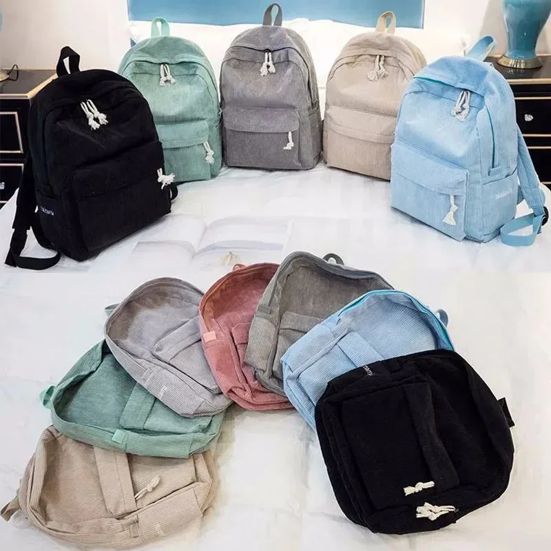 Charming Kawaii Corduroy Backpack for Women & Teens - Stylish Striped Travel & School Bag 🌈🎒✨