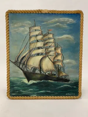 Clipper Ship Oil Painting w/ Rope Frame