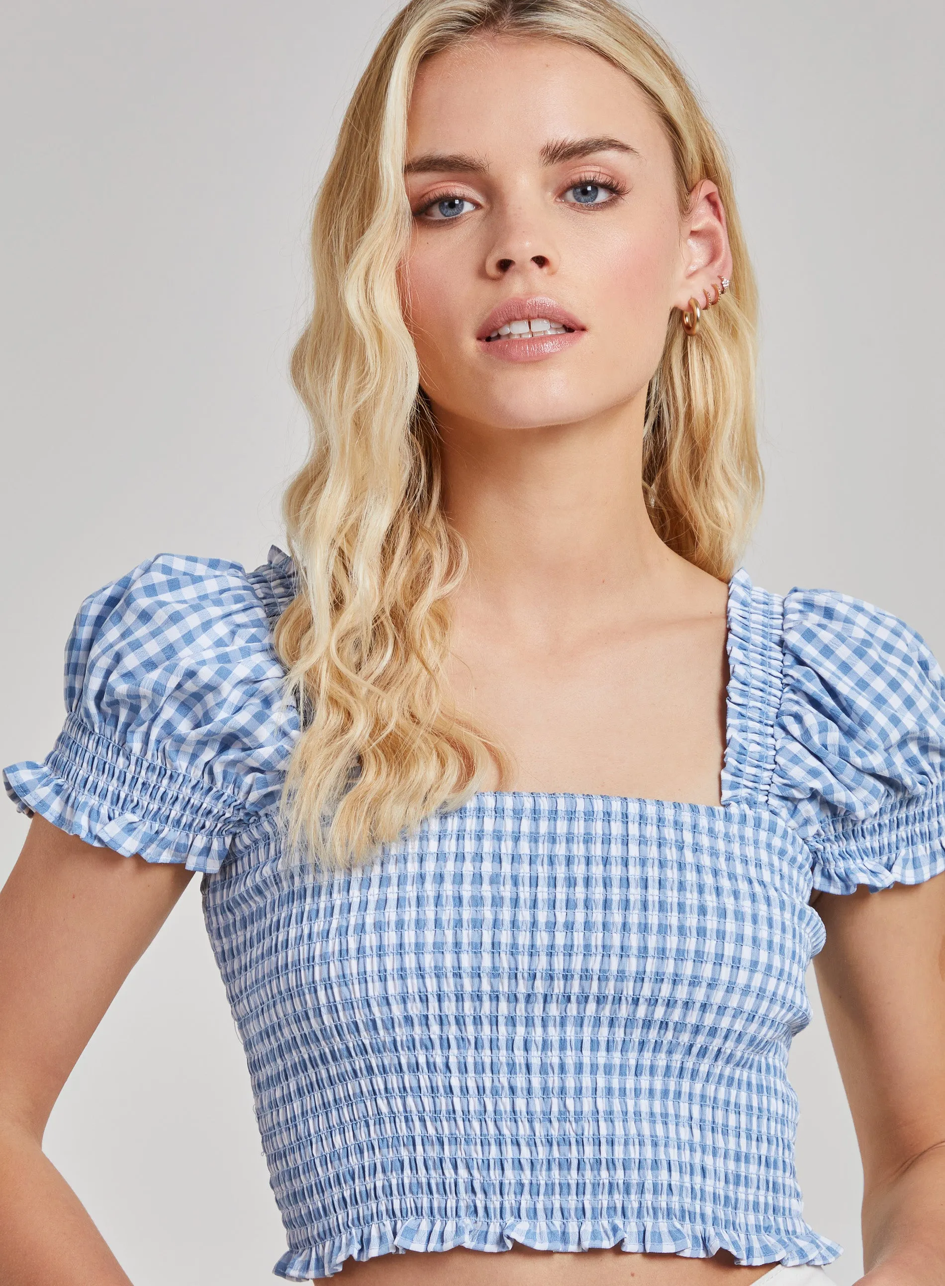 Cropped Ruched Check Top