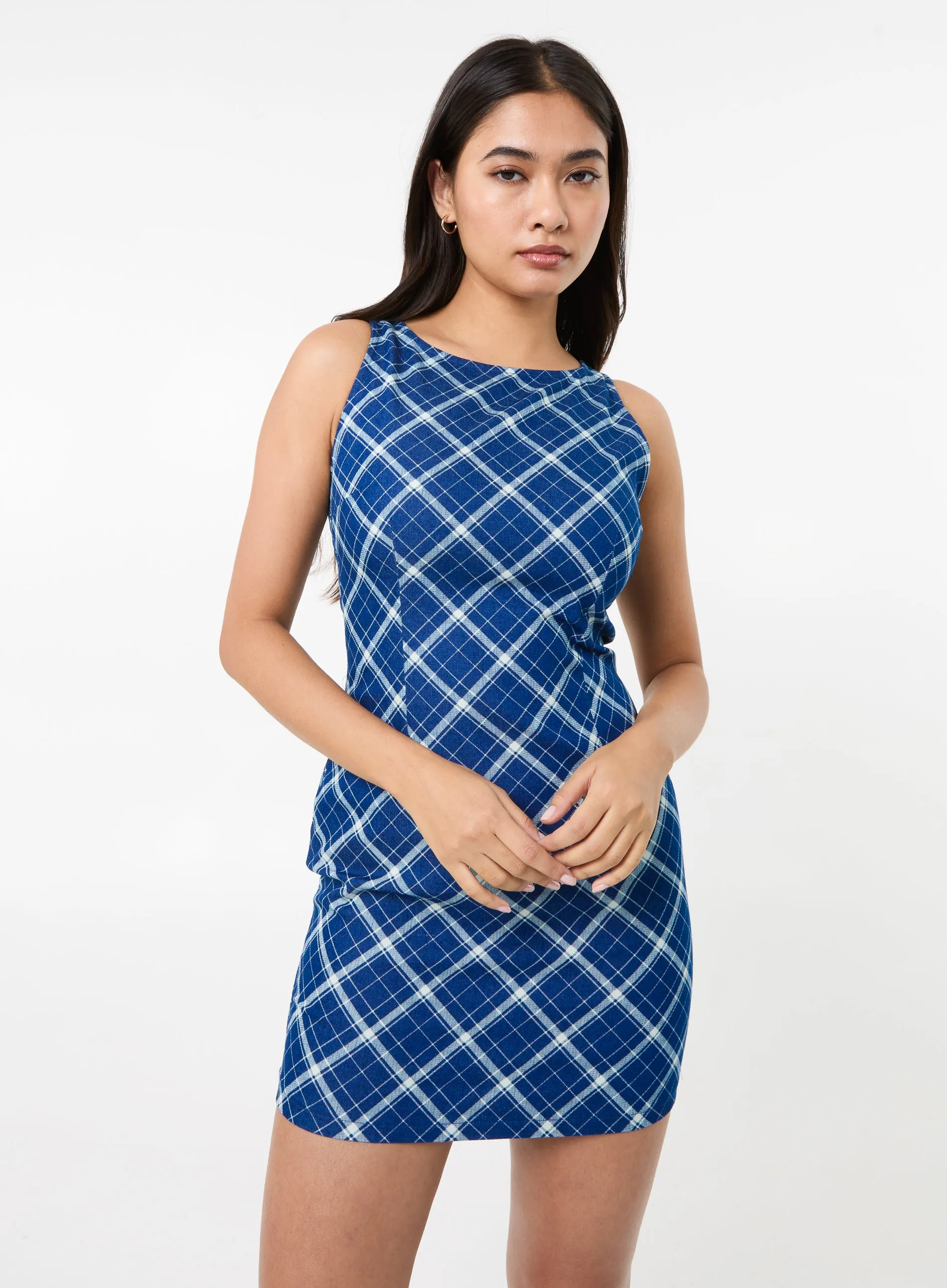 Denim Check Print Mini Dress
