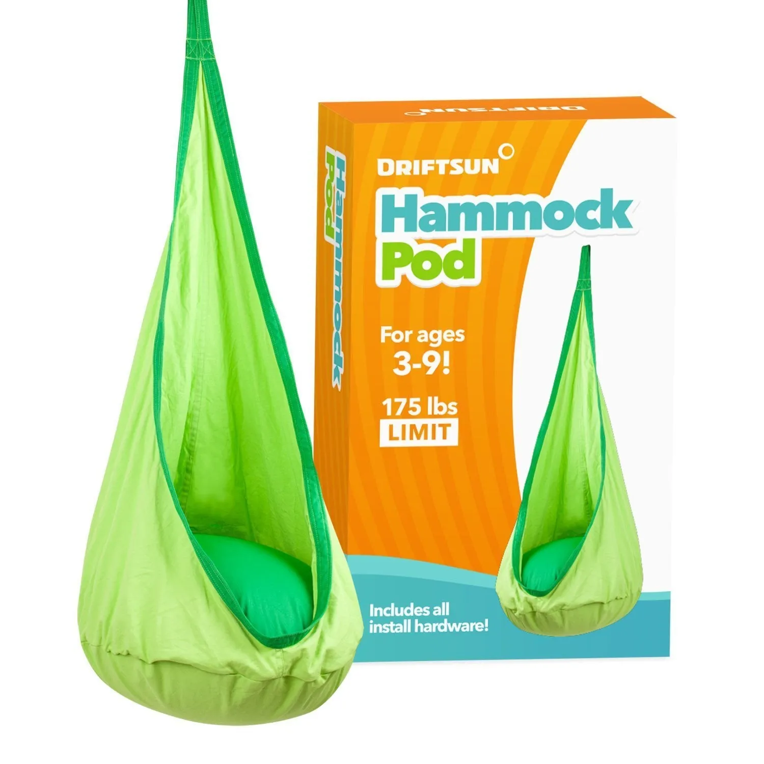 Driftsun Kids Indoor and Outdoor Hammock Pod Package, Green Trim