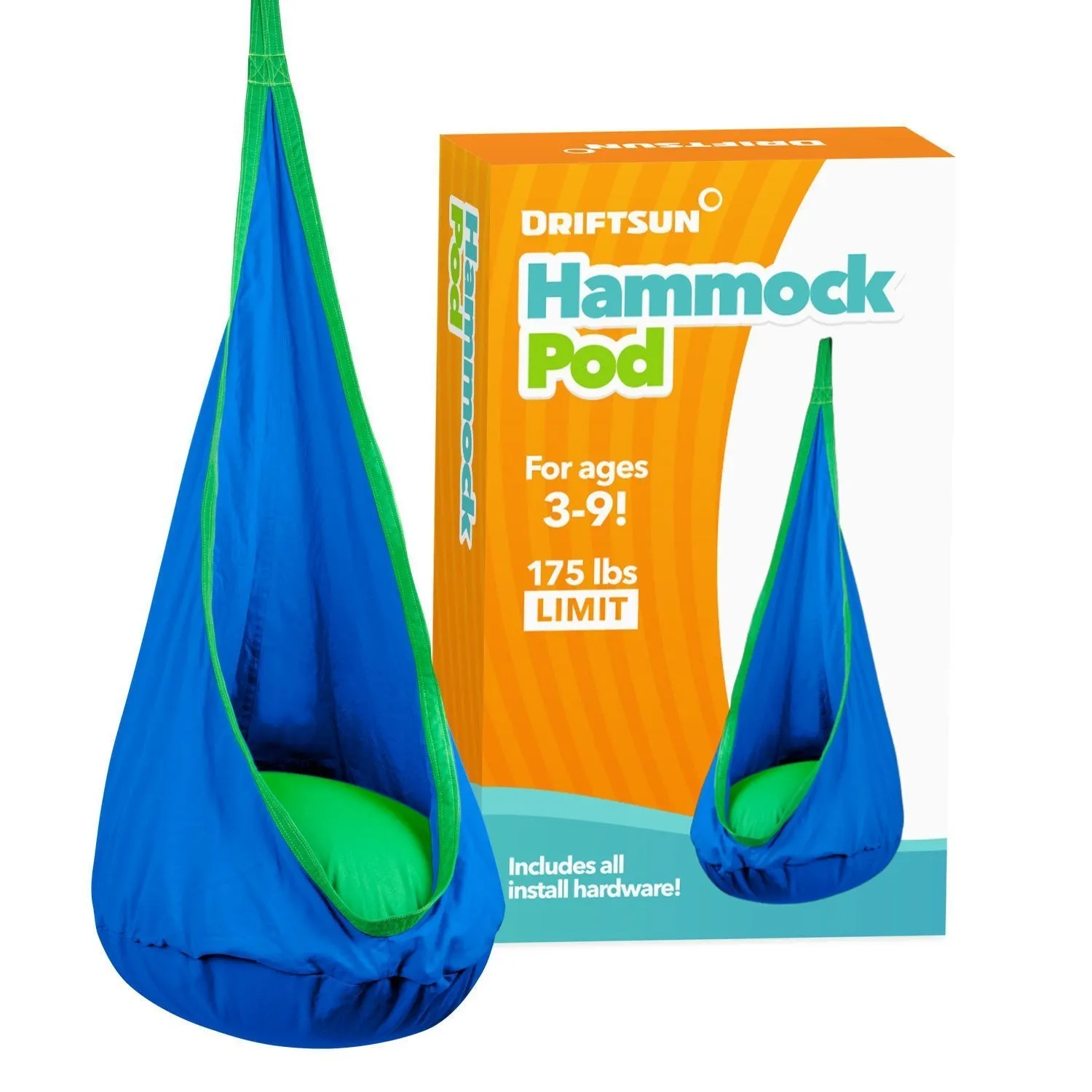Driftsun Kids Indoor and Outdoor Hammock Pod Package, Green Trim