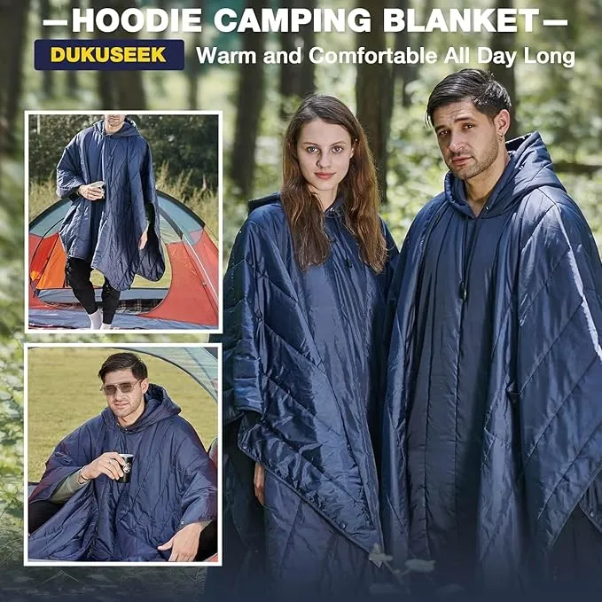 DUKUSEEK Outdoor Wearable Camping Blanket, Large Packable Backpacking Hooded Stadium Blankets, Lightweight Warm Quilt for Picnic, Hiking, Football, 79"x59", Wine Red