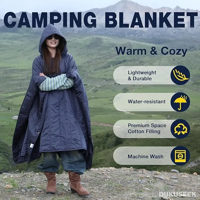 DUKUSEEK Outdoor Wearable Camping Blanket, Large Packable Backpacking Hooded Stadium Blankets, Lightweight Warm Quilt for Picnic, Hiking, Football, 79"x59", Wine Red