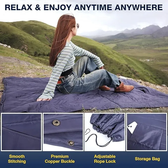 DUKUSEEK Outdoor Wearable Camping Blanket, Large Packable Backpacking Hooded Stadium Blankets, Lightweight Warm Quilt for Picnic, Hiking, Football, 79"x59", Wine Red