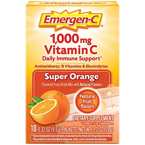 Emergen-C Vitamina C 1000 mg en polvo (10 unidades, sabor súper naranja), con antioxidantes, vitaminas B y electrolitos, suplemento dietético Fizzy Drink Mix, libre de cafeína
