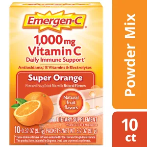 Emergen-C Vitamina C 1000 mg en polvo (10 unidades, sabor súper naranja), con antioxidantes, vitaminas B y electrolitos, suplemento dietético Fizzy Drink Mix, libre de cafeína