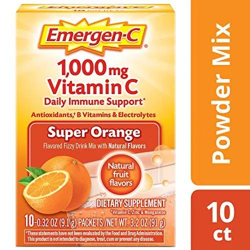 Emergen-C Vitamina C 1000 mg en polvo (10 unidades, sabor súper naranja), con antioxidantes, vitaminas B y electrolitos, suplemento dietético Fizzy Drink Mix, libre de cafeína