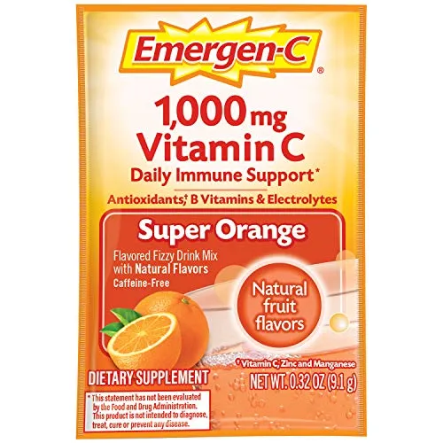 Emergen-C Vitamina C 1000 mg en polvo (10 unidades, sabor súper naranja), con antioxidantes, vitaminas B y electrolitos, suplemento dietético Fizzy Drink Mix, libre de cafeína