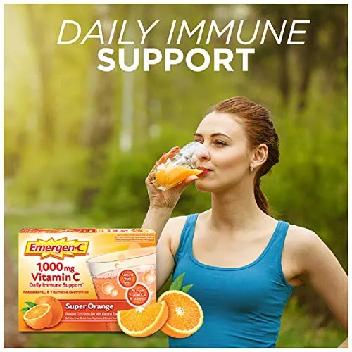 Emergen-C Vitamina C 1000 mg en polvo (10 unidades, sabor súper naranja), con antioxidantes, vitaminas B y electrolitos, suplemento dietético Fizzy Drink Mix, libre de cafeína