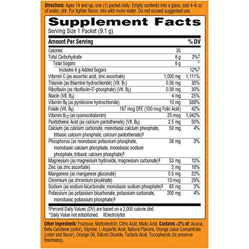 Emergen-C Vitamina C 1000 mg en polvo (10 unidades, sabor súper naranja), con antioxidantes, vitaminas B y electrolitos, suplemento dietético Fizzy Drink Mix, libre de cafeína