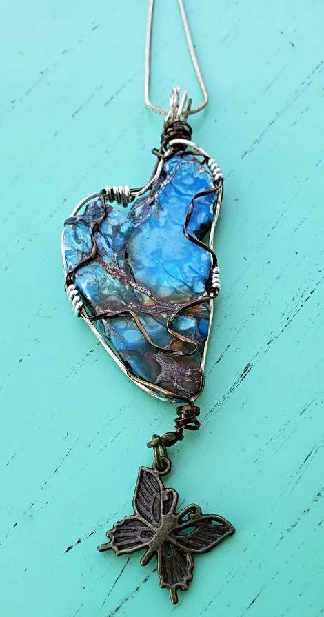 Handmade Sea Sediment Jasper Pendant Necklace with Butterfly Charm