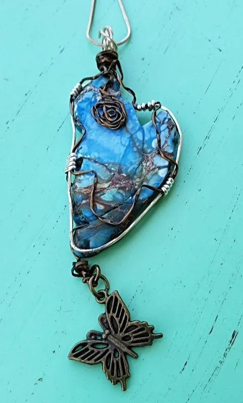 Handmade Sea Sediment Jasper Pendant Necklace with Butterfly Charm