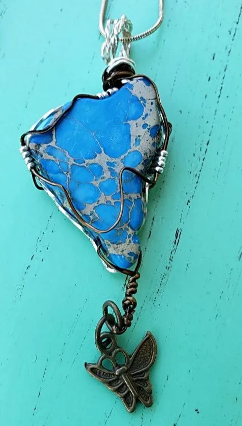 Handmade Sea Sediment Jasper Pendant Necklace with Butterfly Charm