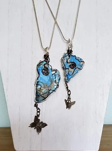 Handmade Sea Sediment Jasper Pendant Necklace with Butterfly Charm