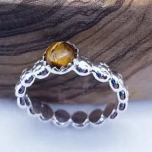 Handmade  Sterling Silver Daisy Band Ring with Tigers Eye Cabochon – Healing & Empowering Energy