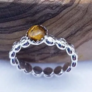 Handmade  Sterling Silver Daisy Band Ring with Tigers Eye Cabochon – Healing & Empowering Energy