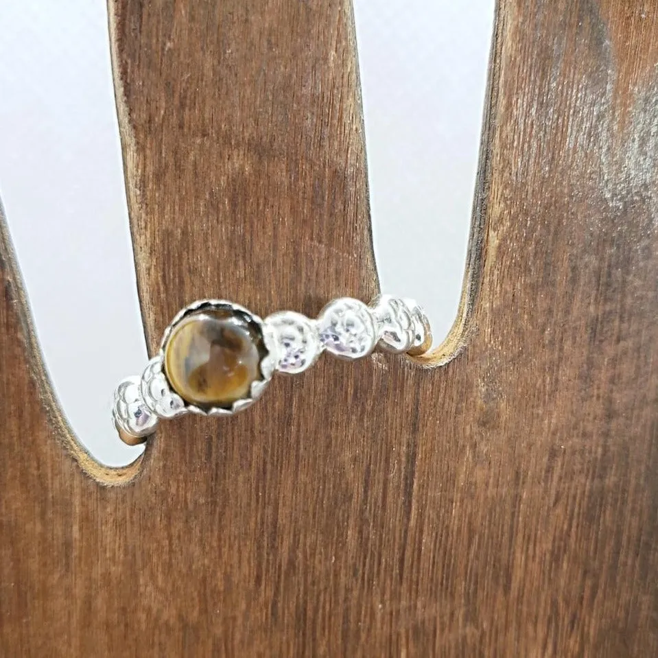 Handmade  Sterling Silver Daisy Band Ring with Tigers Eye Cabochon – Healing & Empowering Energy