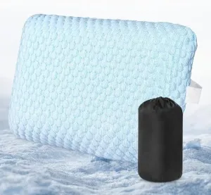 HOMBYS Cooling Camping Pillow Lightweight, Memory Foam Travel Pillow with Easy to Carry Portable Bag, Strap Designed for Secure, Suitable for Beach, Camp,Travel, Hammock, Light Blue