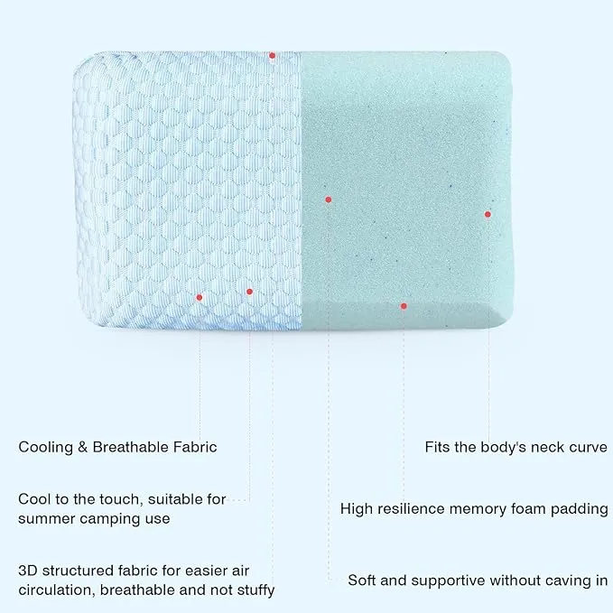 HOMBYS Cooling Camping Pillow Lightweight, Memory Foam Travel Pillow with Easy to Carry Portable Bag, Strap Designed for Secure, Suitable for Beach, Camp,Travel, Hammock, Light Blue